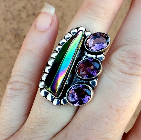 New Rainbow Hematite and Amethyst 925 Silver Ring. - Picture 6 of 16